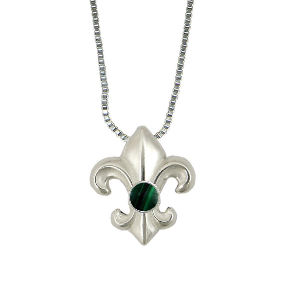 Sterling Silver Fleur de Lis Pendant Necklace With Malachite